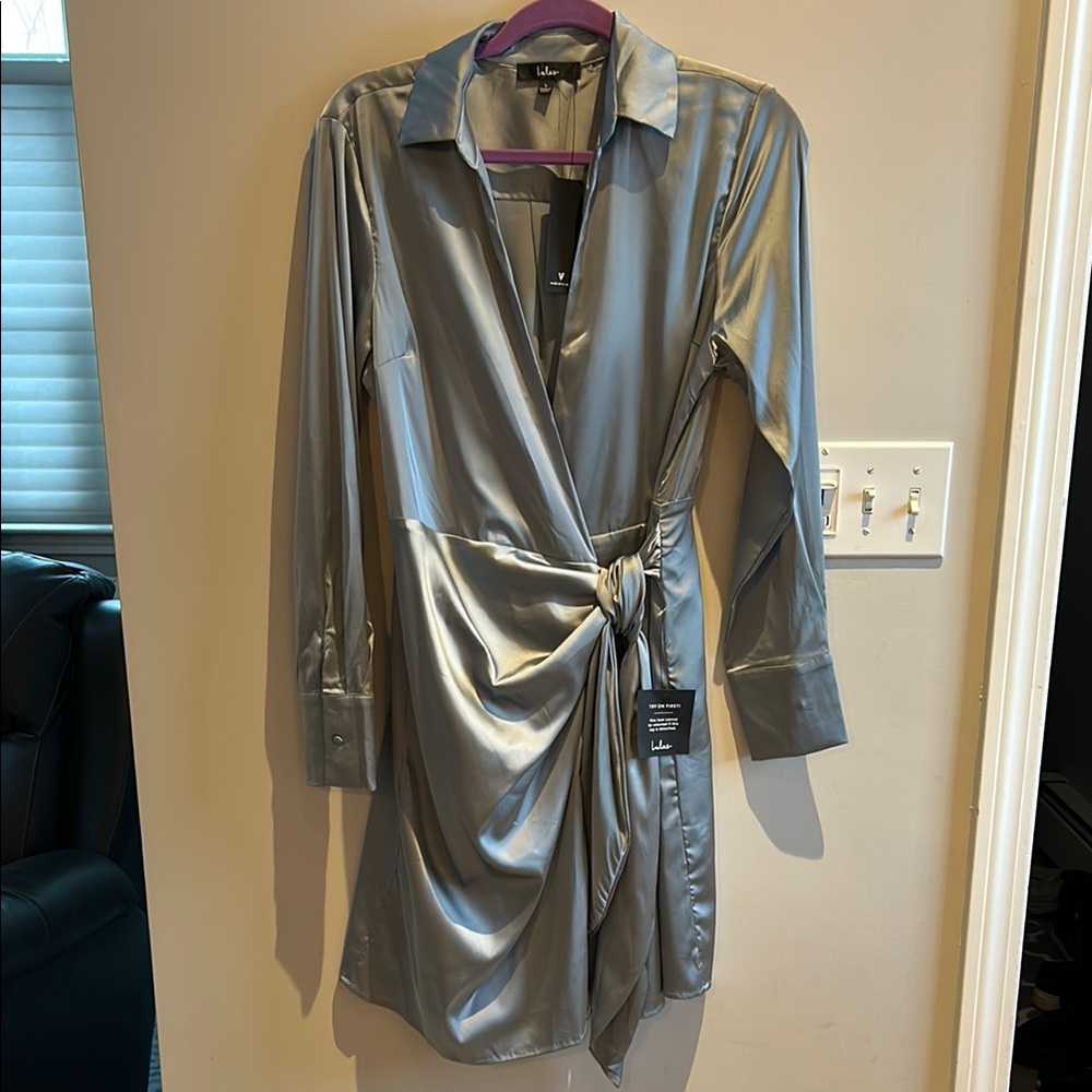 NWT Lulus Blue Satin Wrap Dress